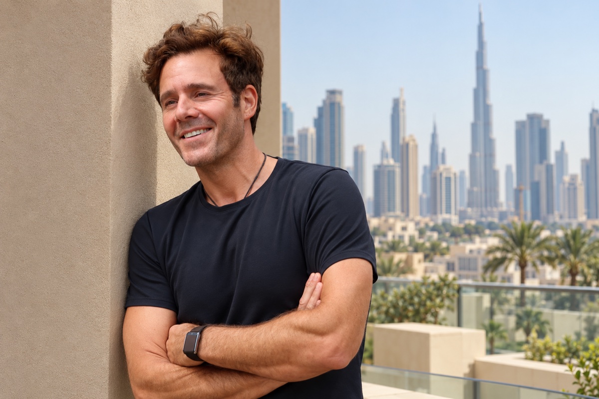 Sam Clever with his arms folded, against an edited Dubai skyline